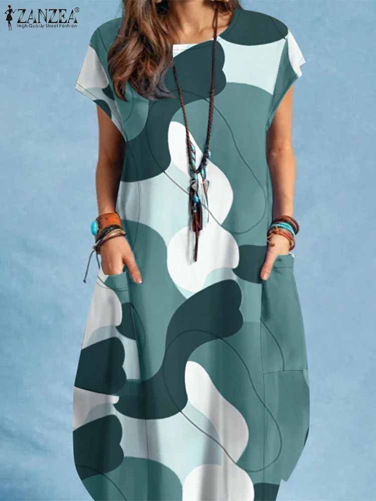 Лето 2024 женский сарафан ZANZEA стильное платье до колен с коротким рукавом и принтом