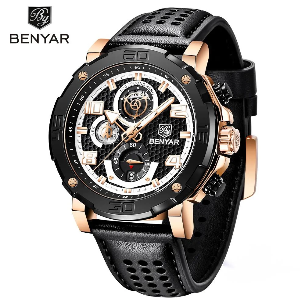 

BNEYAR Watch For Men Chronograph Waterproof Stainless Steel Wristwatches 48mm Large Dial Leather Military Watch Reloj Hombre