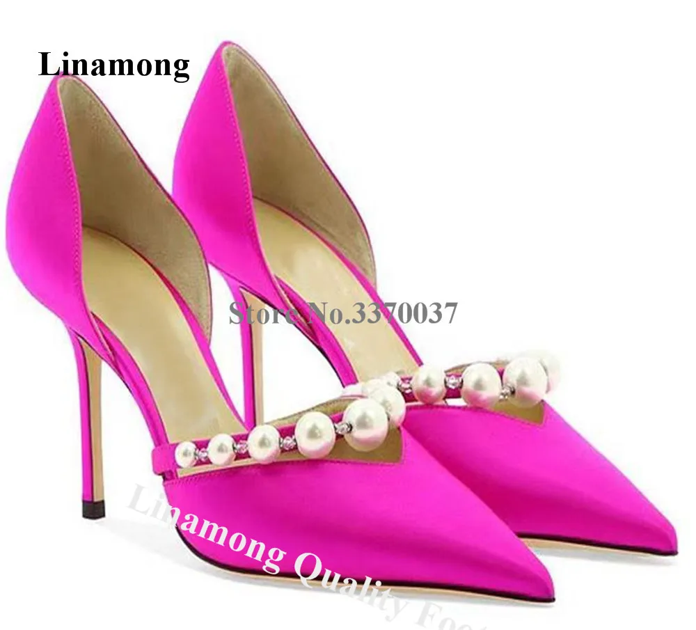 Linamong Pearls Decorated Pumps Charming Pointed Toe Pink Black Rhinestones V-cut 7cm 10cm Stiletto Heels Shoes Wedding Heels