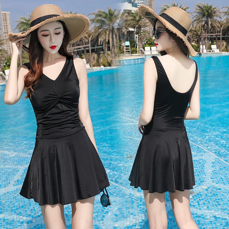 One Piece Solid Swimsuit Skirt Women Conservative Push Up with Pad Swimming Dress Swimwear Bathing Suit Beach Wear Monokini