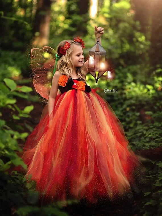 

Оранжевое Цветочное платье для девочек, детское фатиновое платье для Хэллоуина, бальное платье с крыльями бабочки, платье для вечевечерние