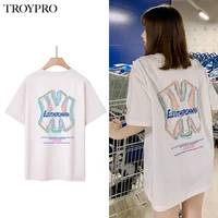 troypro 2022 summer new loose printing short sleeved t shirt solid color round neck plus size cotton womens short sleeved top