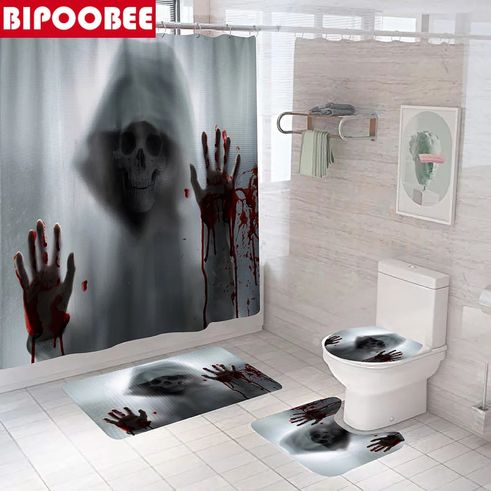 

Horror Shadow Halloween Shower Curtain for Bathroom Decor Toilet Pedestal Rugs Cover Bathtub Anti-slip Carpet Bath Mats Set