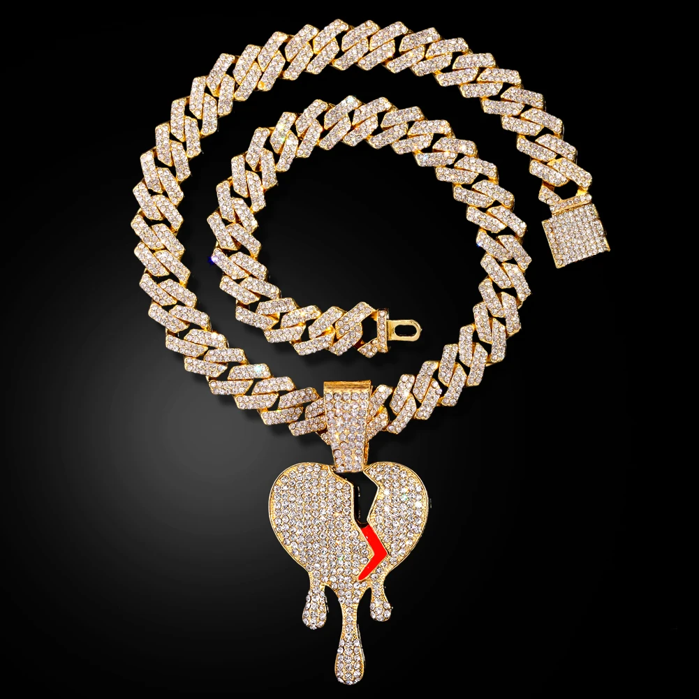 

Luxury Full AAA Rhinestone Iced Out Miami Cuban Link Chain Necklaces For Men Women Hip Hop Broken Heart Pendant Necklace Jewelry