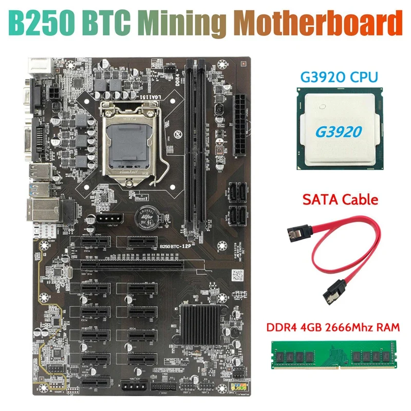 

Материнская плата B250 с ЦП G3920 или G3930 + DDR4 4G 2666 МГц ОЗУ + кабель SATA 12 слотов для графической карты LGA 1151 для майнинга BTC