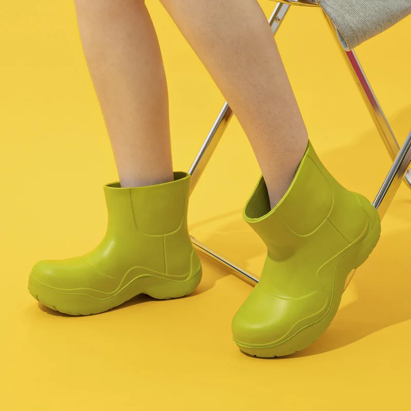 New Candy Color Rain Boots Women Casual Boots EVA Lightweight Rubber Sole Anti-Slip Shoes Solid Color Platform Ankle Boots