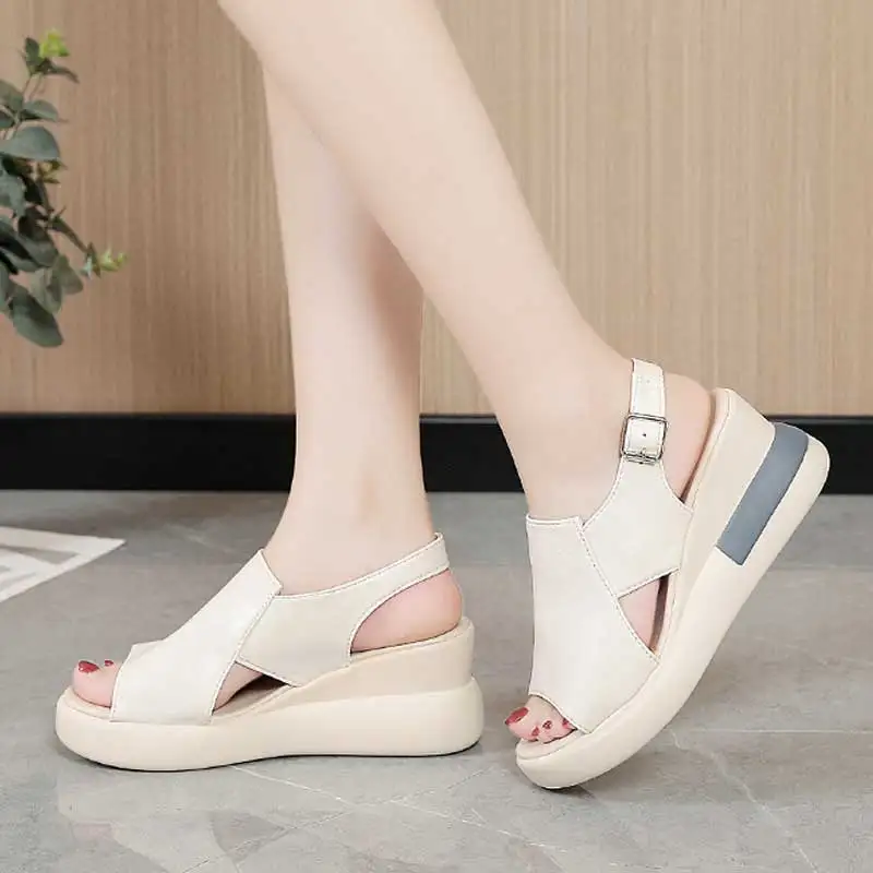6.5cm Thick Bottom Women Sandals Summer Party Chunky Heel Pumps Solid Color Open Toe Casual Shoes Ladies Buckle Platform Shoes