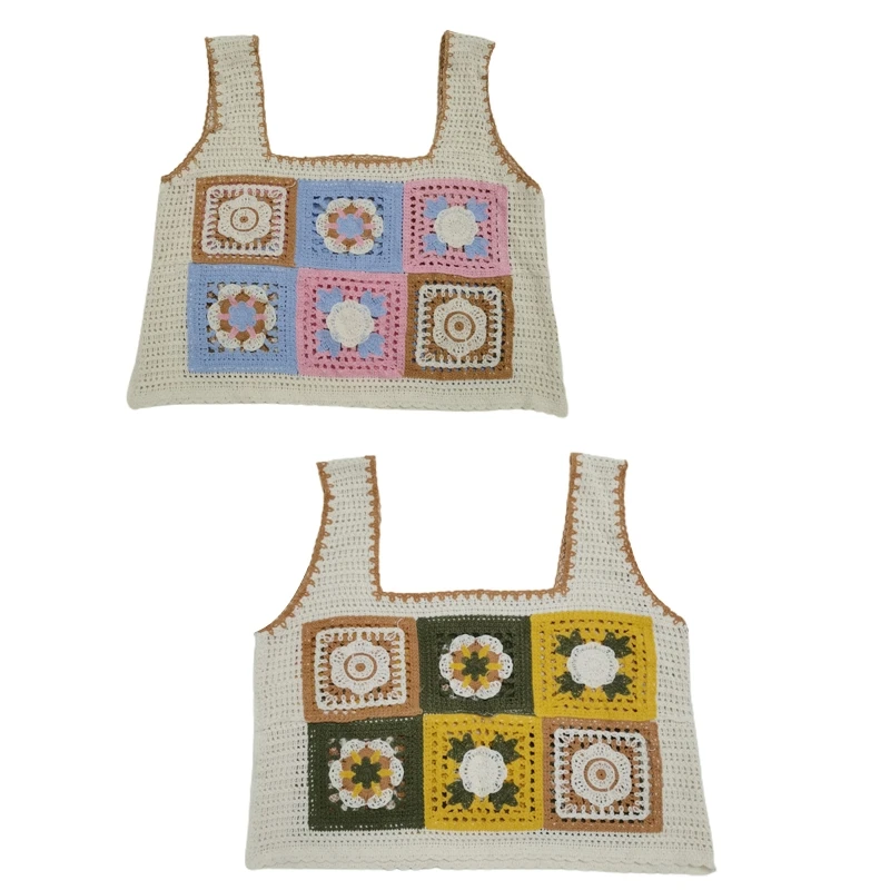 

Women French Crochet Knit Sleeveless Crop Tank Top Vintage Square Neck Woven Contrast Color Floral Mini Sweater Vest T8NB