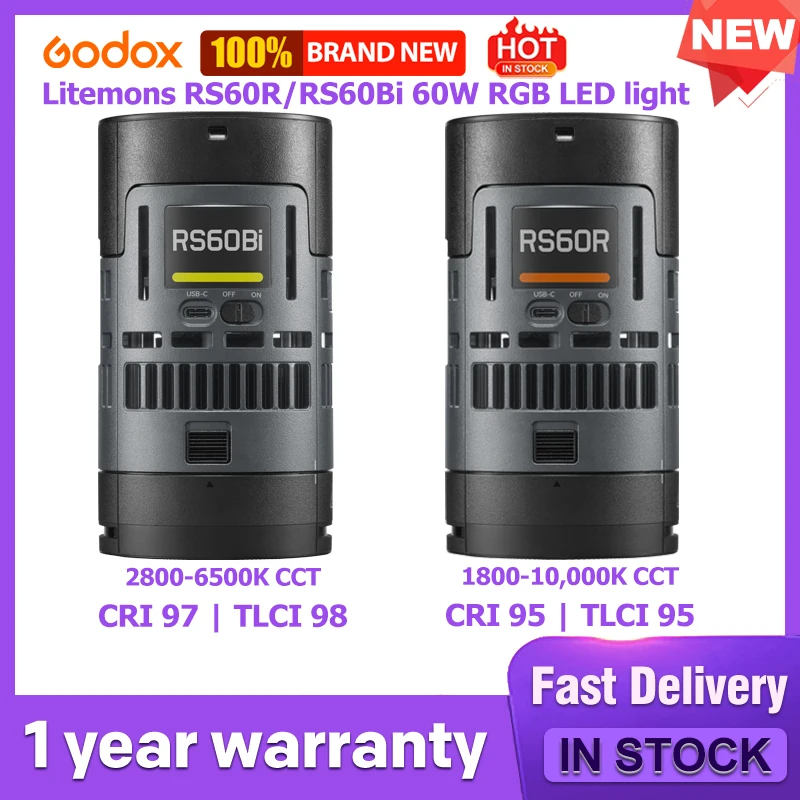 Фото Godox Litemons RS60R/RS60Bi 60 Вт RGB светодиодный светильник от 1800 до 10000K CRI95 + 14 эффектов для кинозйомки, трансляции и видеопроизводства №1