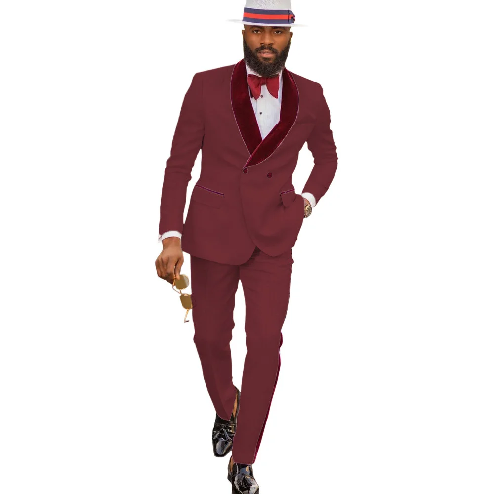 

Double Breasted Groomsmen Burgundy Pattern Groom Tuxedos Shawl Velvet Lapel Men Suits Wedding ( Jacket + Pants + Tie )