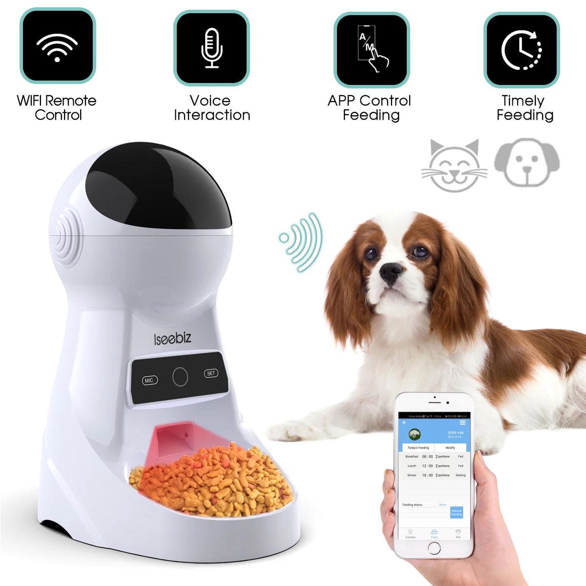 Iseebiz 3L Smart Automatic Pet Feeder With Voice Record WiFi Timer For Dog Cat Food Dispenser Pet Supplies Cat Food Dispenser