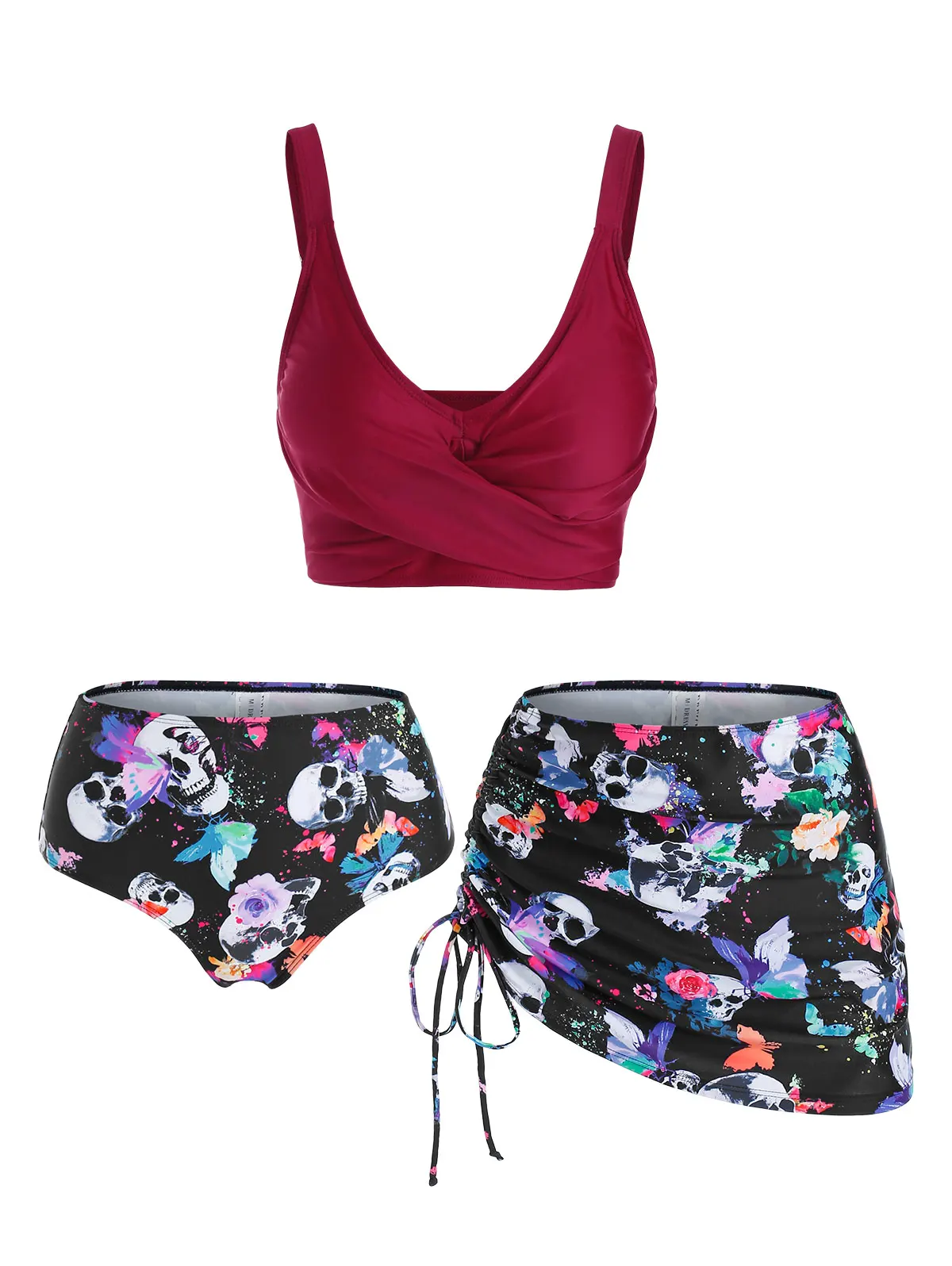 

New Three Pieces Gothic Bikinis Set With Beach Skirt Beachwear Women Swimsuit Female Halter Bather Bathing Suit Tankini Swimwear