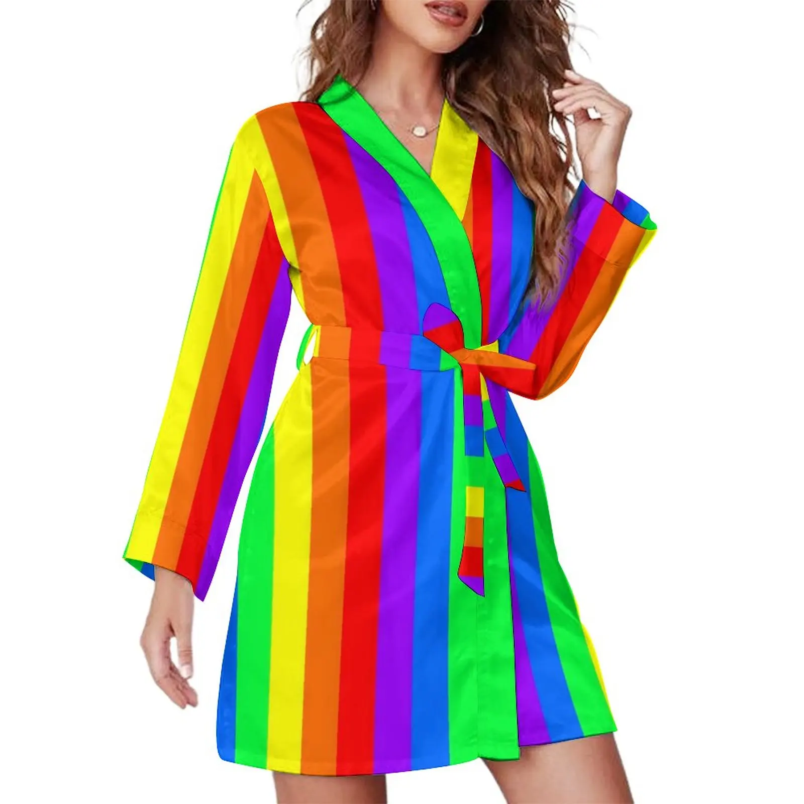 

Rainbow Striped Pajama Robe V Neck Vertical Lines Custom Sleepwear Female Long-Sleeve Soft Pajamas Robes Autumn Bedroom Dress