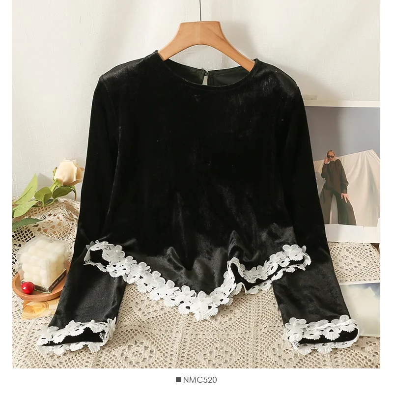 

Vintage Blouse Women Pullover Black Velvet Patchwork Velour Shirts Blusas Mujer De Moda Crop Tops Tunic Long Sleeve Short Tops