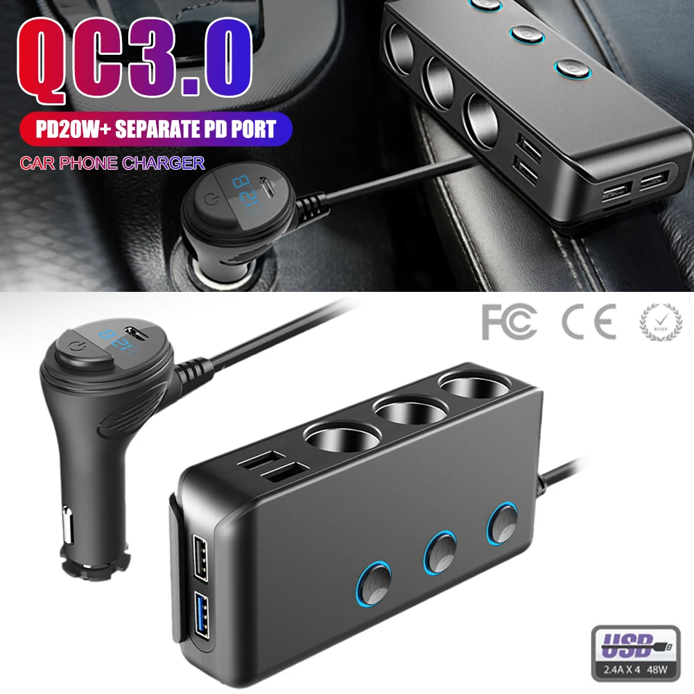 

120W 12/24V Car Charger Car Lighter Splitter Four USB Fast Charging Adapter with Voltmeter ON/OFF Switch for GPS Mobile Phone