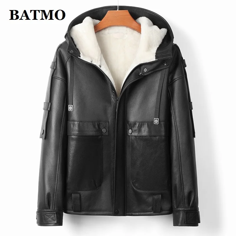 Мужская куртка из натуральной овечьей кожи с капюшоном BATMO зимняя теплая Толстая