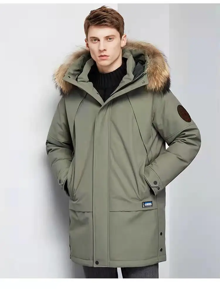 Down Jacket Men's Medium Long Cargo Coat Tide Men's Winter New High-end Atmosphere Large Hair Collar White Eiderdown Men's Wear