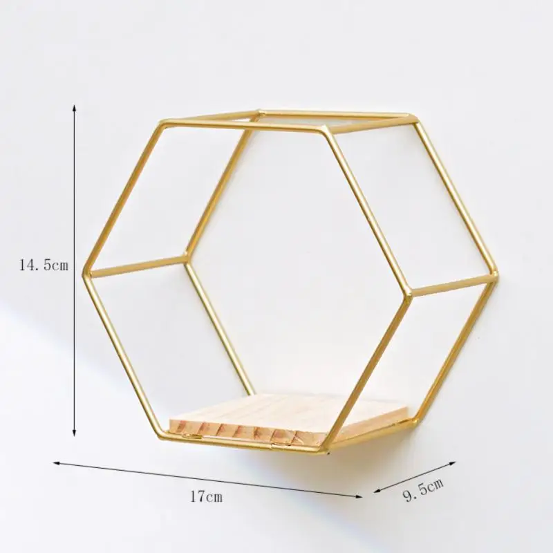 Nordic Wall Mounted Floating Hexagon Shelf Metal Framed Storage Holder Rack with Wooden Board Geometric Frame Stand Home Decor images - 6