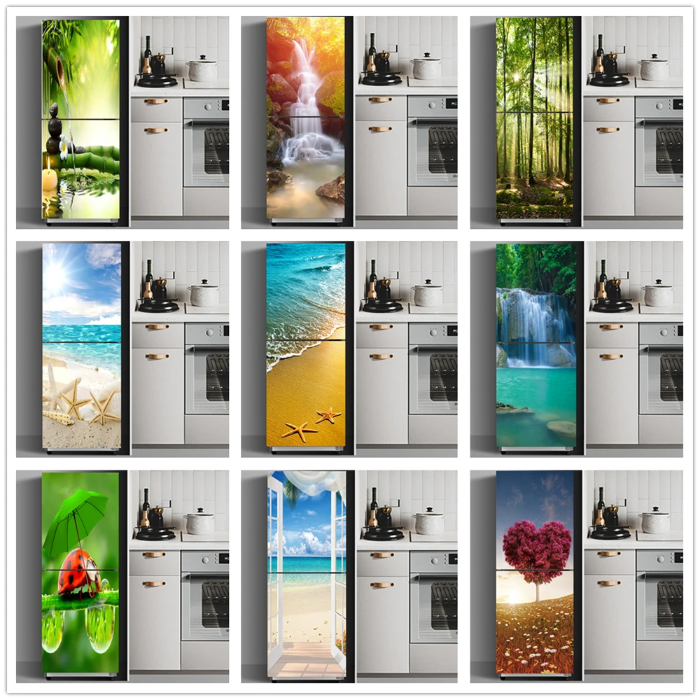 Landscape Fridge Stickers Refrigerator Cover Door Plant Sea Vinyl Self Adhesive Kitchen Furniture Decor Wrap Freezer Sticker DIY