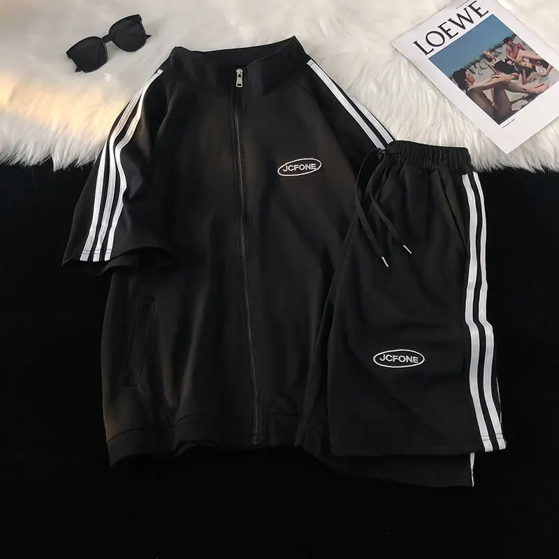 Fashion Casual suit men's summer short-sleeved jacket shorts two-piece set T-shirt 2023 new couple sportswear Oversized Clothing