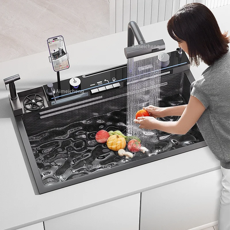 najnowszy zlewozmywak kuchenny ze stali nierdzewnej wytłoczony duży pojedynczy otwór z kranem wodospadowym wielofunkcyjna umywalka nad blatem