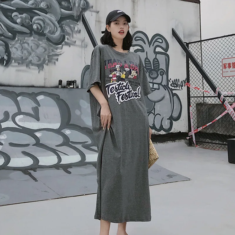 

2022Summer New Korean Lazy Style Casual Simple Solid Color All-match O-neck Loose Thin Women Cartoon T-shirt Dress Free Shipping