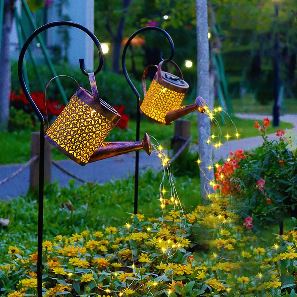 

Solar LED Light Wrought Iron Hollow Solar Lantern Waterproof Watering Can Kettle Retro Lights ​Outdoor Garden Terrace Path Decor