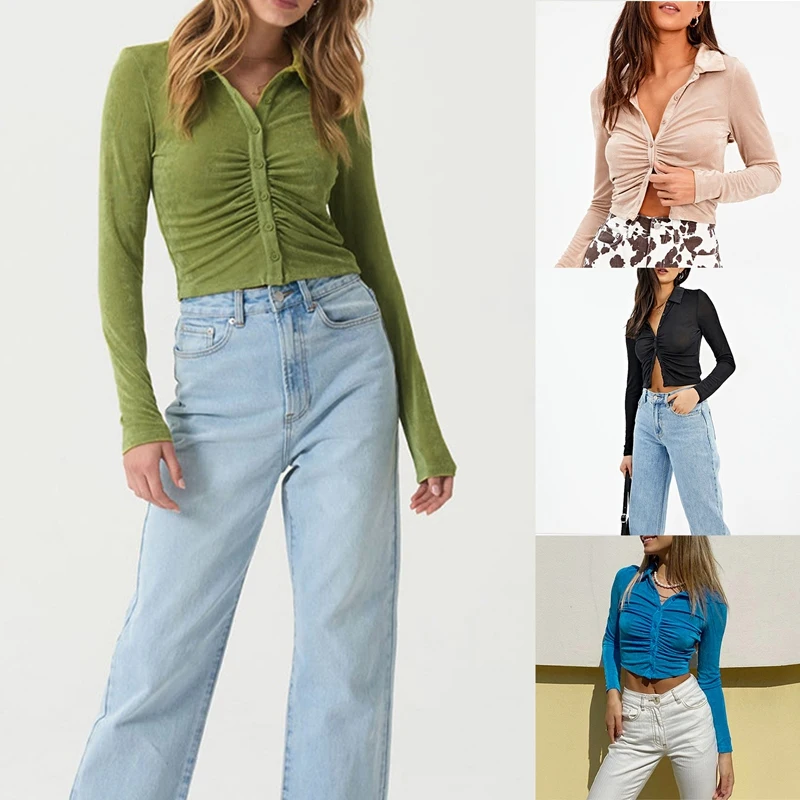 

Autumn Long Sleeve Buttons Ruched T-Shirts Women Sexy Turn-Down Collar Slim Crop Tops High Street T Shirt