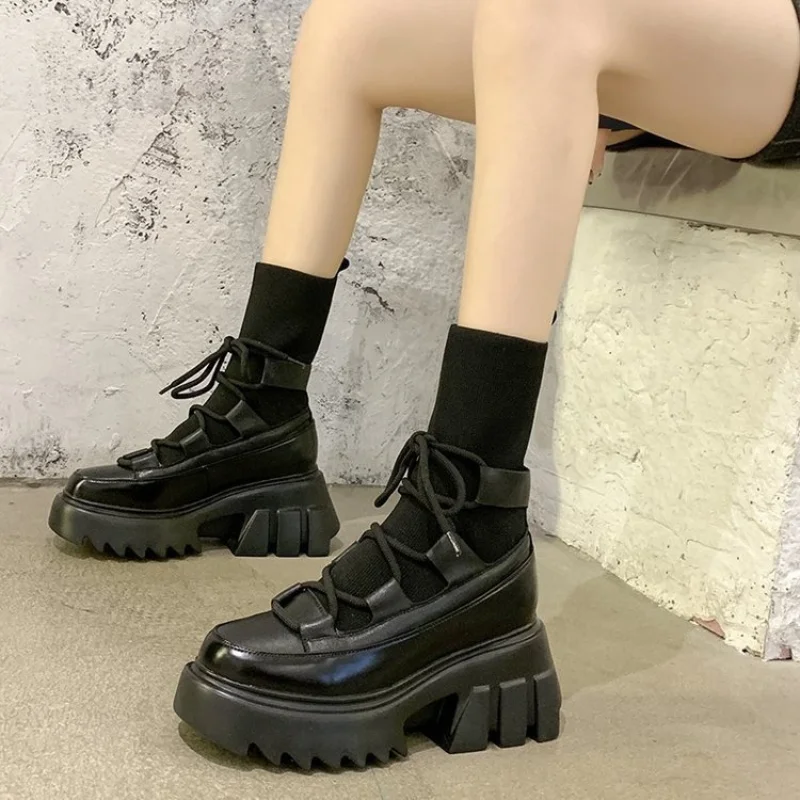 Autumn Winter Black Short Boots Pop Women's Shoes Nice Platform Boots for Women Chunky Heels Stretch FabricNice