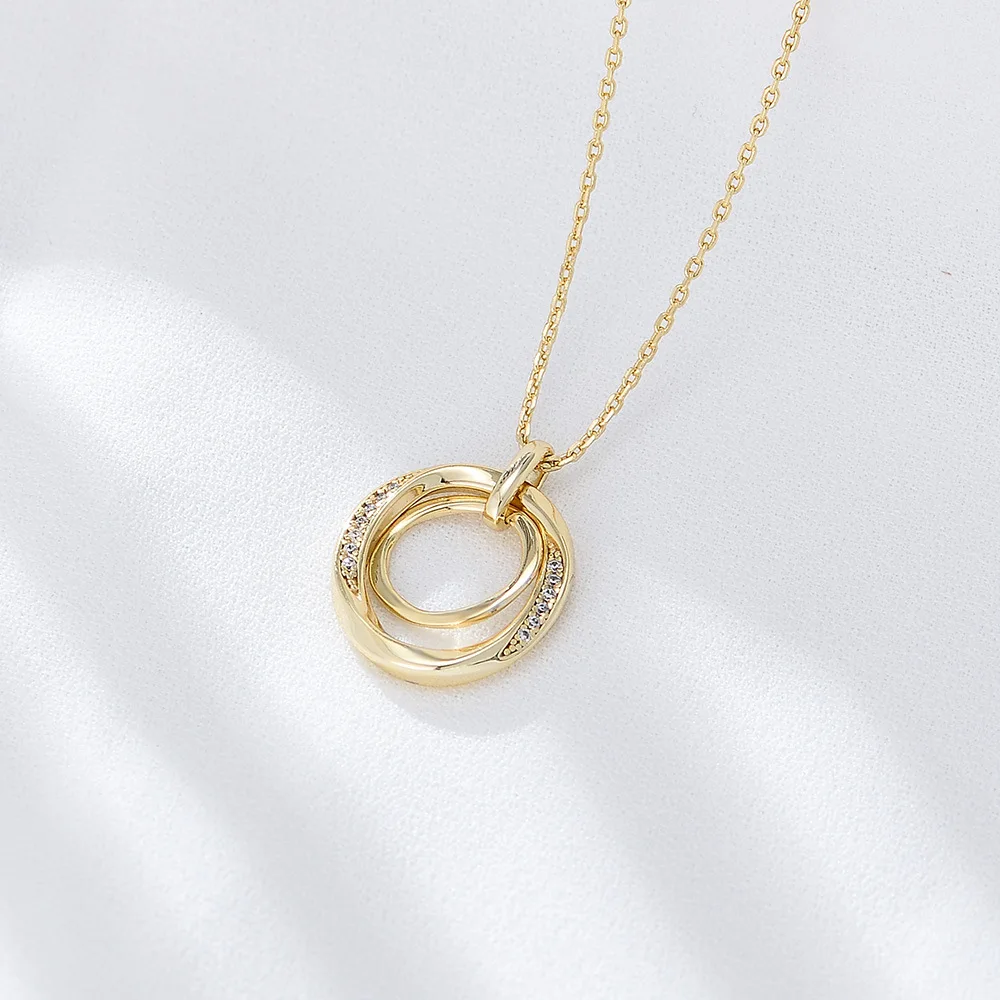 

925 Sterling Silver Diamond Gold Necklace Women's Vintage Light Luxury Double Ring Circle Clavicle Chain Jewelry Accessories