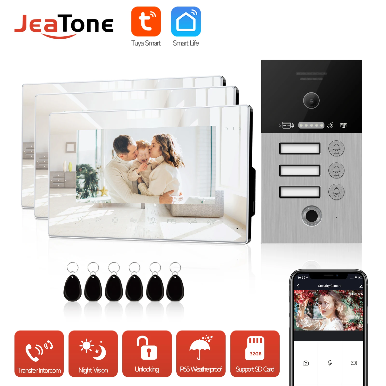 Jeatone Smart Wireless Video Intercom Tuya WIFI Support 1/2/3/4 Apartments RFID Door Access Night Vision Camera,Waterproof