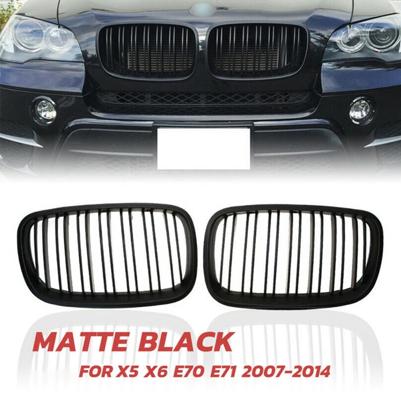 Matte Black Front Bumper Dual Slat Kidney Grill Grille For-BMW X5 X6 E70 E71 2007-2014 | Racing Grills