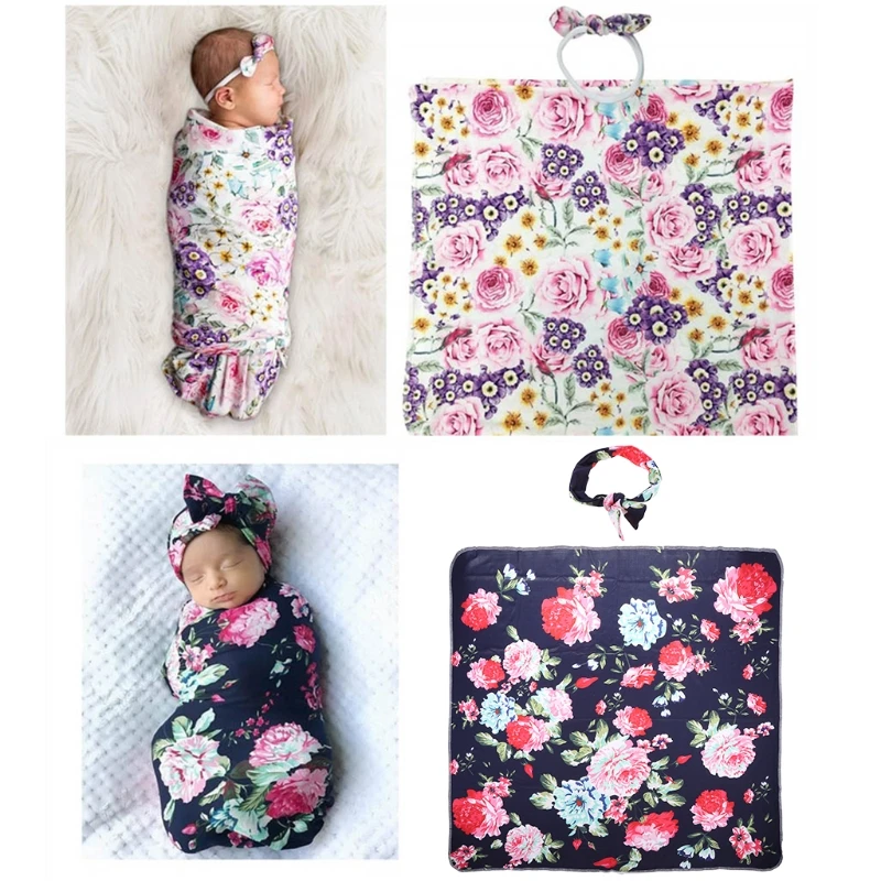 

2 Pcs Newborn Floral Swaddle Wrap+ Headband Set Baby Infants Cotton Receiving Blanket Sleeping Bag Hair Band