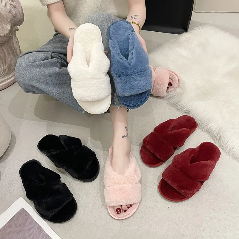 

Women Slippers Warm Fluffy Slippers Women's Comfortable Faux Fur Indoor Floor Slippers Flat Soft Fur Shoes Ladies