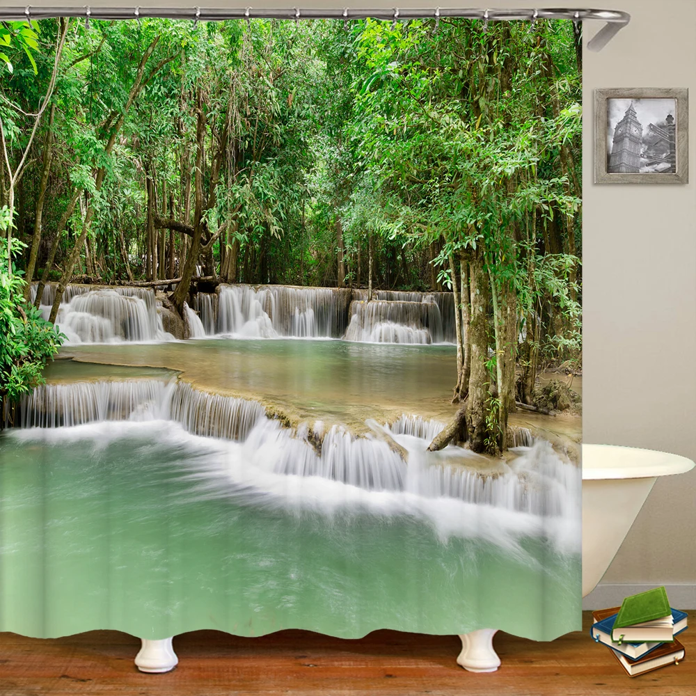 

Tropical Jungle Waterfall Shower Curtain Greenery Tree Green Moss Natural Lake Scenic Bath Curtains Waterproof Fabric with Hooks
