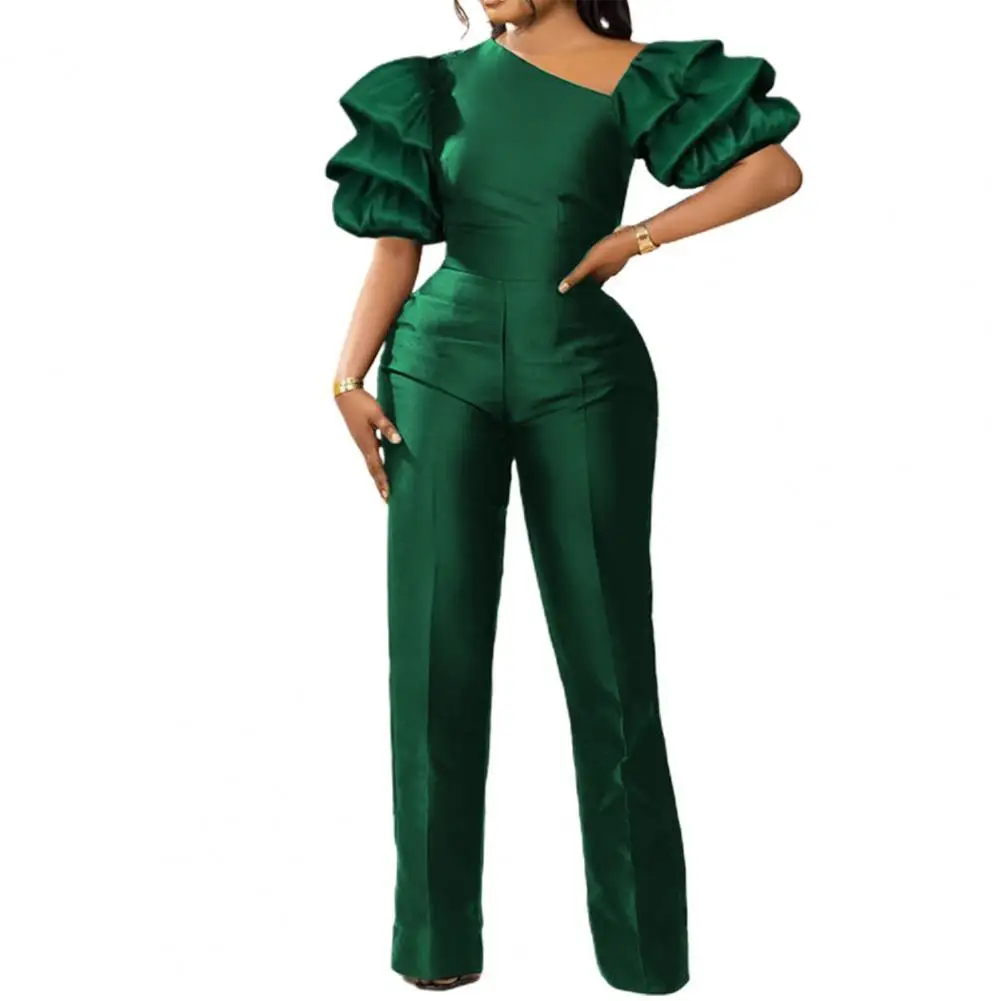 

2022 Women Jumpsuits High-Waist Straight Wide Leg Women Jumpsuit Skew Collar Puff Sleeves Elegant Jumpsuit Office Ladies Outfit