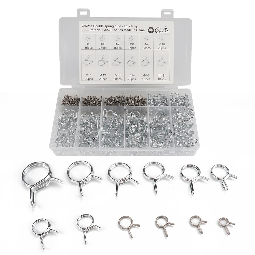 

285Pcs Spring Kit 8 Size Hose Clamps Spring Fuel Line Steel Hose Pipe Clamp Set Ф5mm-Φ16mm Double Wire Design Clips Hardware