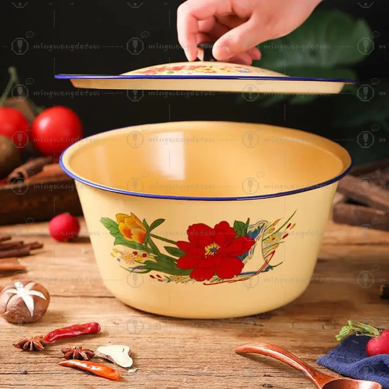 Фото Эмалированная емкость для хранения продуктов, классическая винтажная эмалированная чаша для торта с крышкой, азиатская салатница для супа, желтая емкость для смальца №1