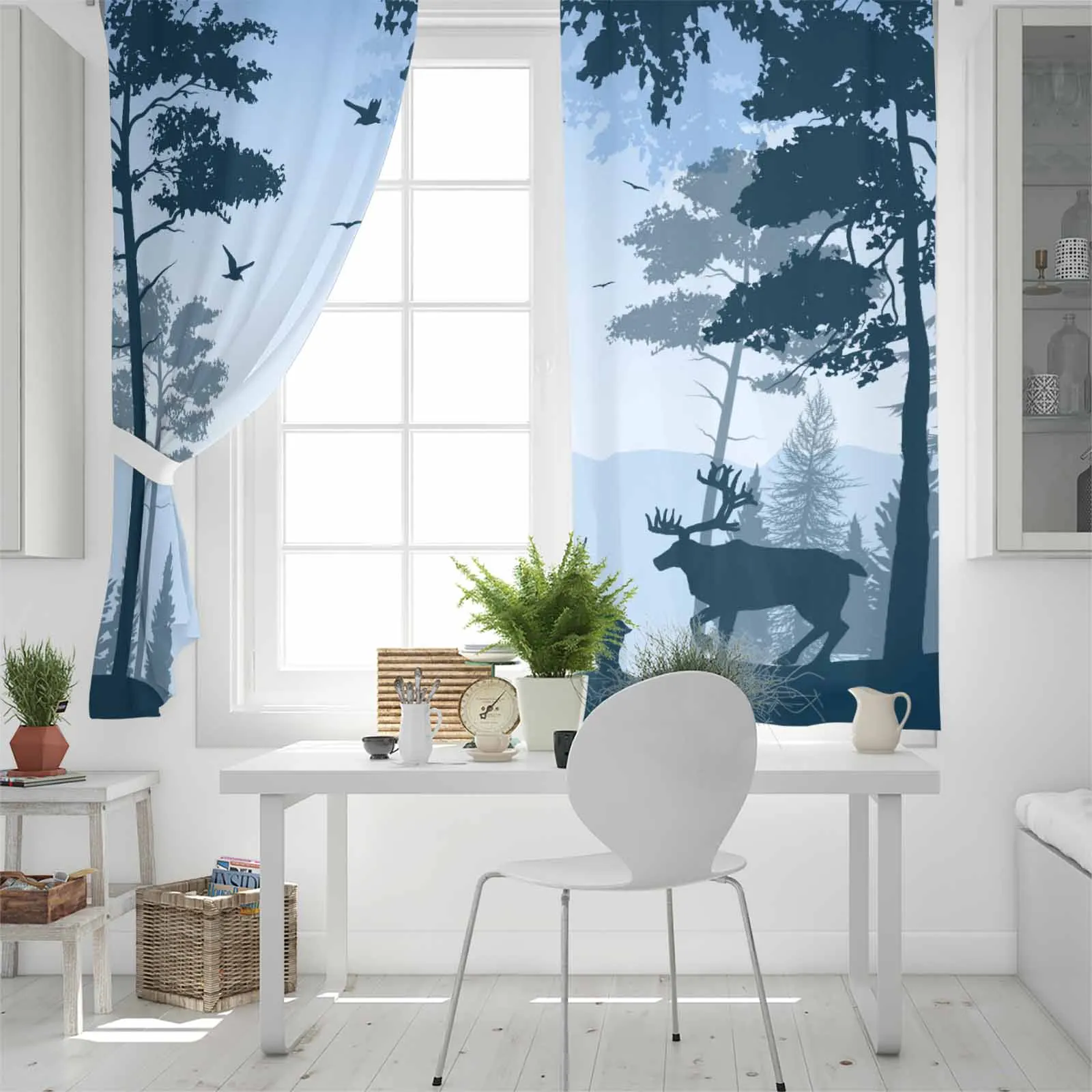 Голубые оконные занавески Forest Deer для гостиной кухни светонепроницаемые шторы