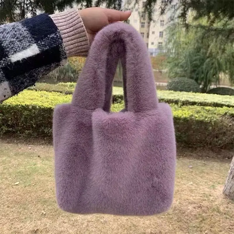 Plush Casual Tote Bags Solid Color Female Square Purse Handbags Winter Fashion Women's Shopper Bags Fluffy Small Travel Bag