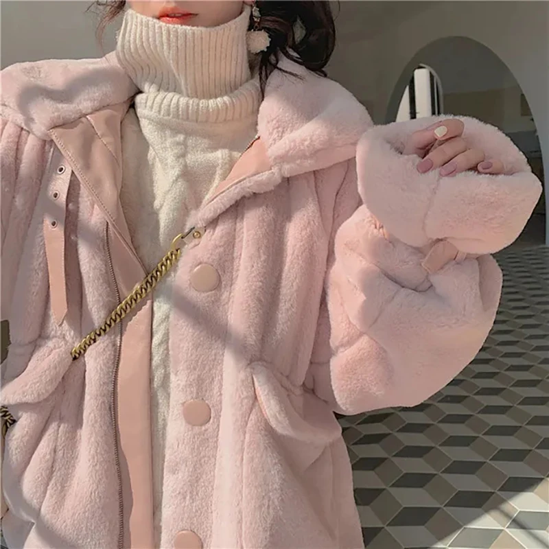 Autumn Winter Imitation Fur Jacket Warm Overcoat Korean Solid Sweet Single-breasted Pocket Coat Women Pink White Parkas Fashion