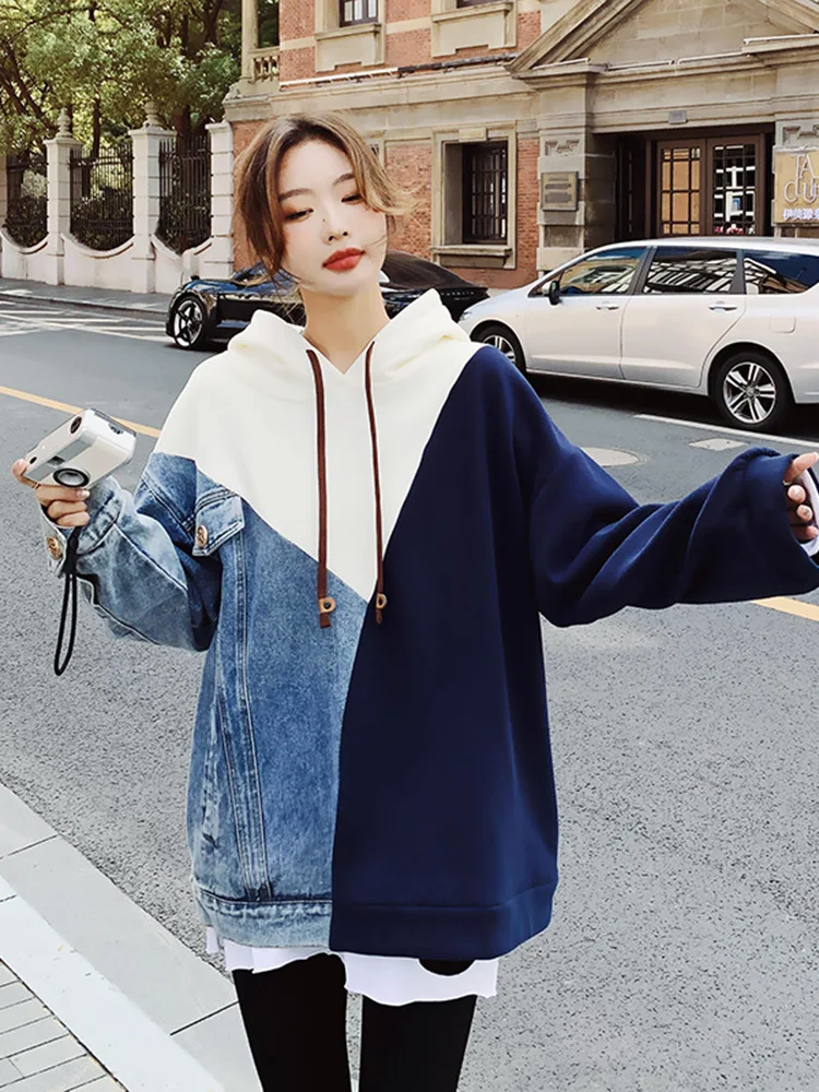 

KE LA Denim Stitching Retro Chic Women Korean Oversize Top Casual Oversize Hooded Hoodies