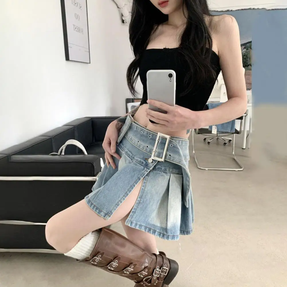 

Women Mini Skirt Stylish Women's A-line Pleated Skirt High Waist Adjustable Belt Button Closure for Clubwear Dating Women Mini