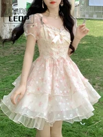 ledp 2022 summer short sleeve fairy floral dress chic retro mini dress women kawaii costume lolita dress even party women