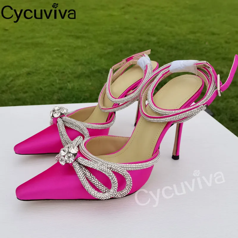 

Sexy Satin Point Bow Crystal Women Sandals Point Toe Ankle Strap Slingback Stilettos Shallow Runway Party Wedding Shoes Woman