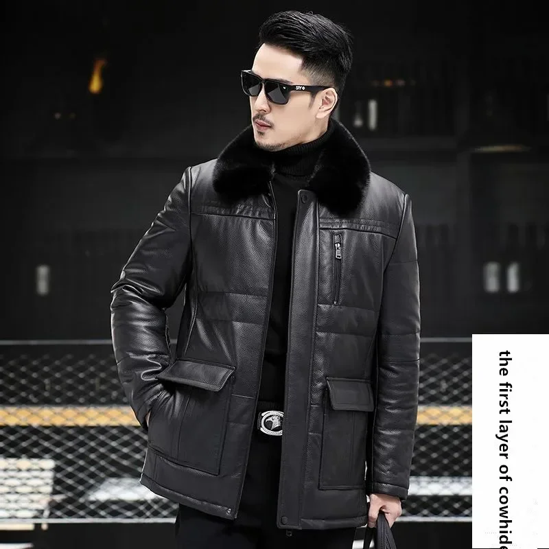 Мужской кожаный пуховик куртка средней длины из овчины натуральной кожи для папы
