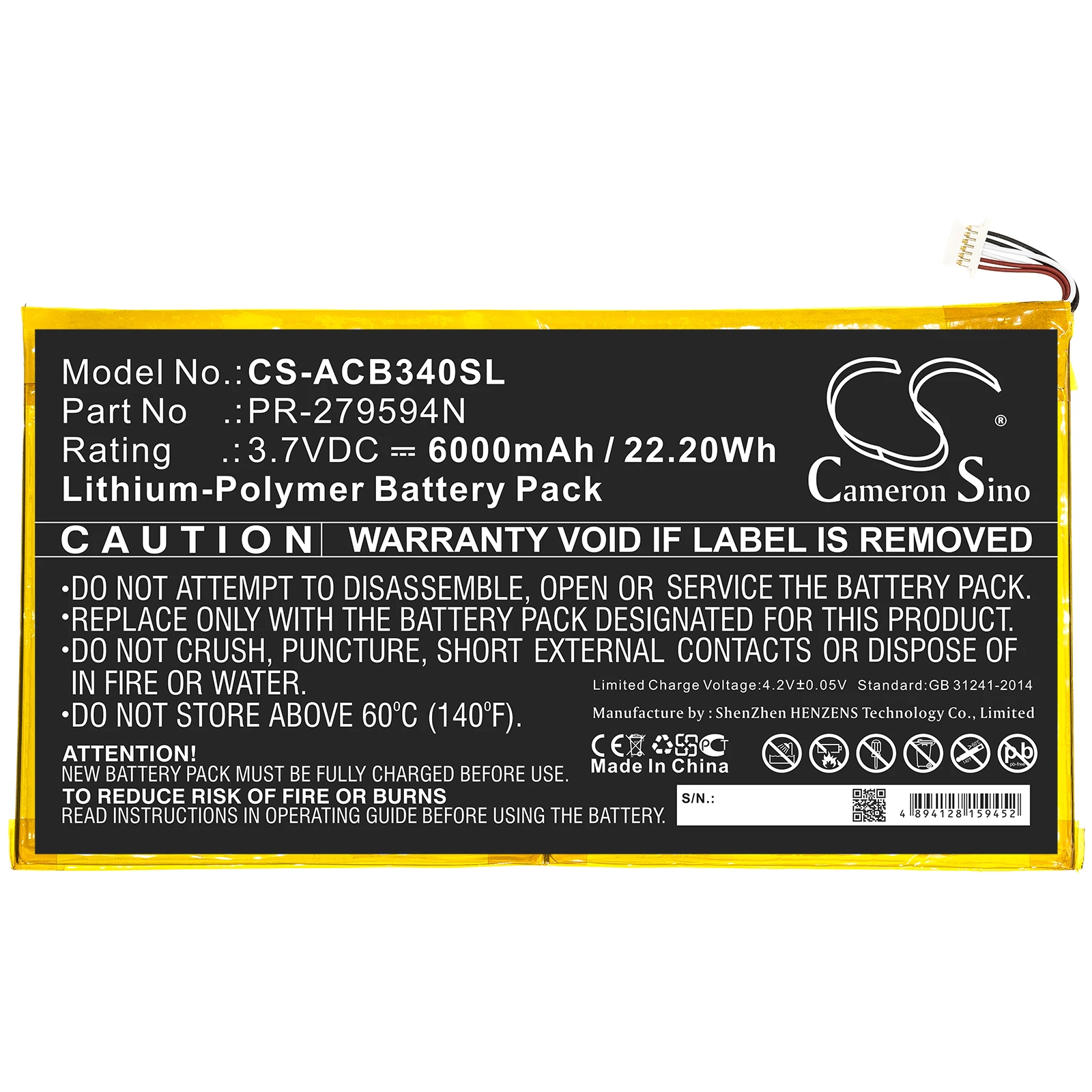 

Cameron Sino 6000mAh battery PR-279594N for Acer Iconia One 10 B3-A40, NOTE: For 6 Pin Connector Version