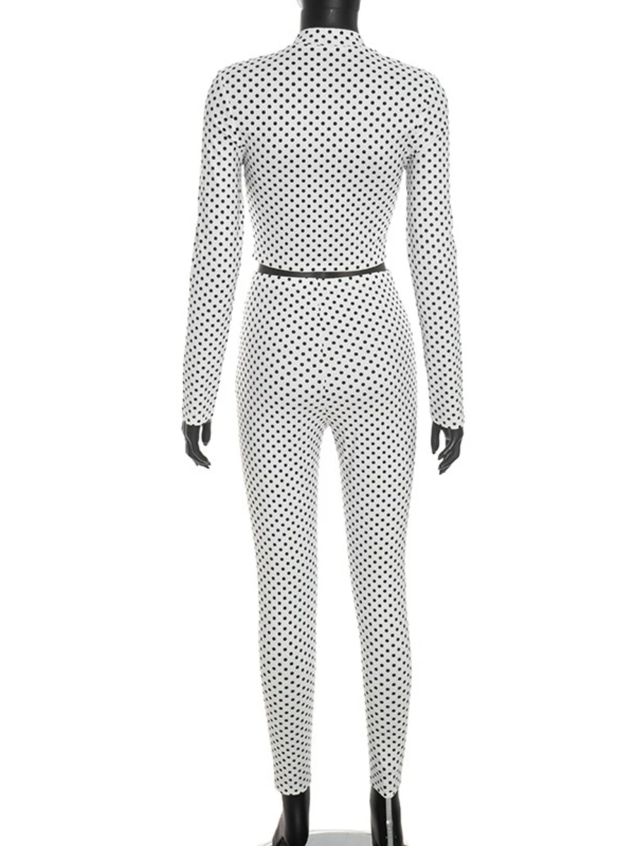 Фото Комплект Foamlina Retro Polka Dot: укороченный топ с воротником-стойкой на молнии и длинными рукавами, а также эластичные облегающие брюки, 2 предмета, для женщин №4