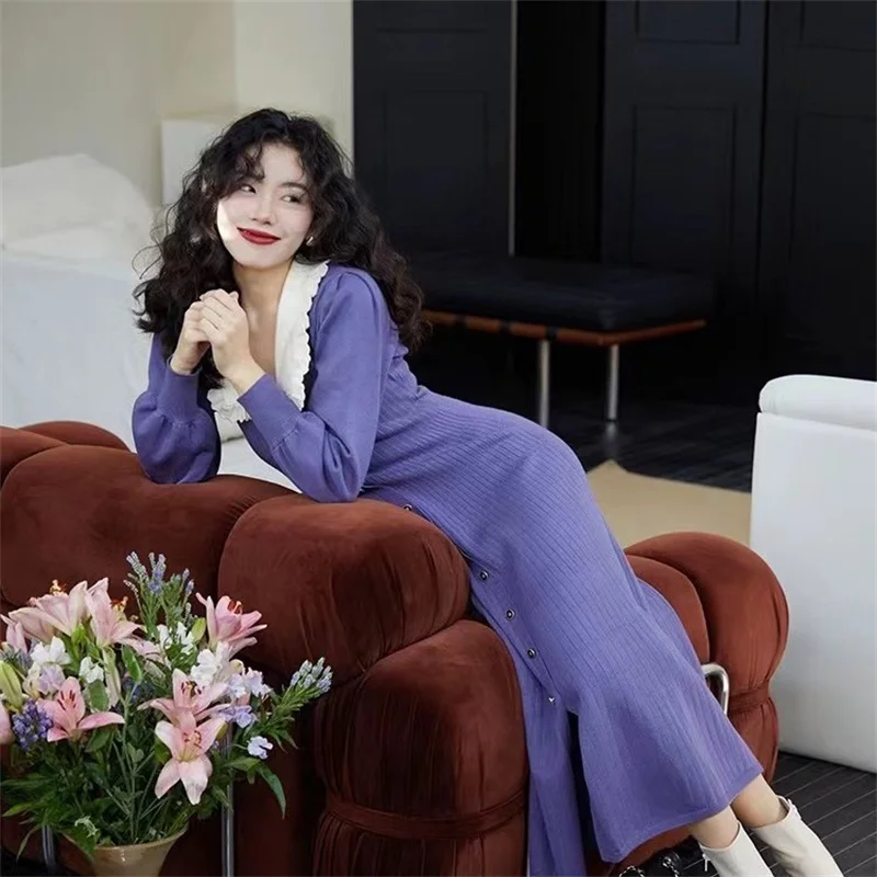 

Women Fashion Lapel Collar Knitting A Line Dress France Vintage Chic Single Breasted Button Lady Autumn Knitwear Dresses Q776