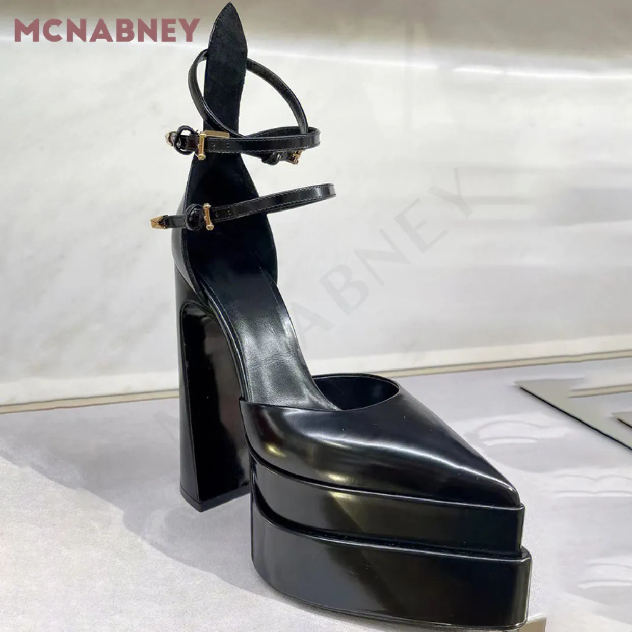 Black Super High-Heeled Platform Pumps Pointed Toe Chunky Heel Fashion Baotou Sandals Niche Ankle Buckle Sexy Women's Shoes